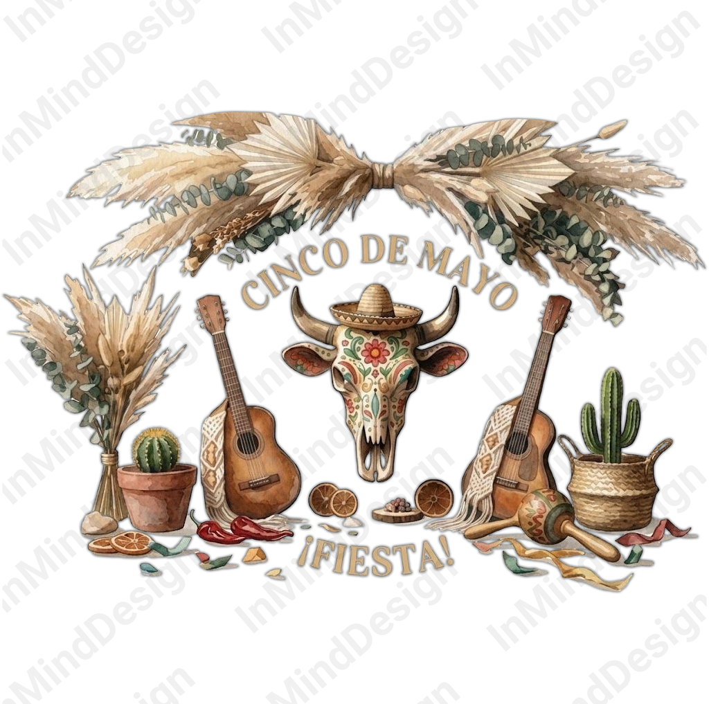 Cinco De Mayo Bull Skull & Guitars PNG