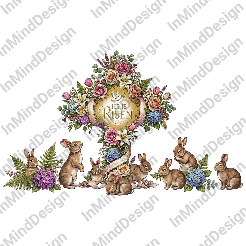 He Is Risen Floral Cross with Bunnies