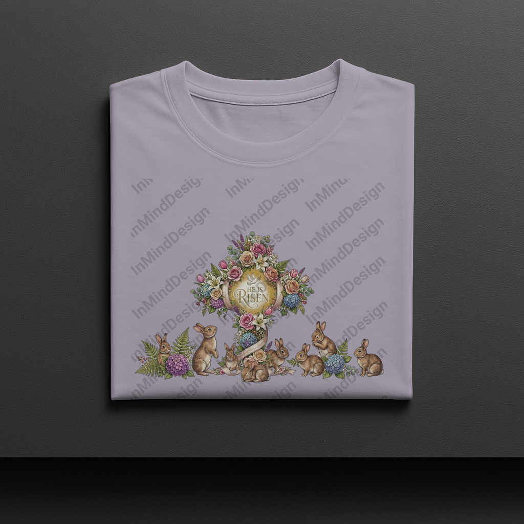 He Is Risen Floral Cross with Bunnies