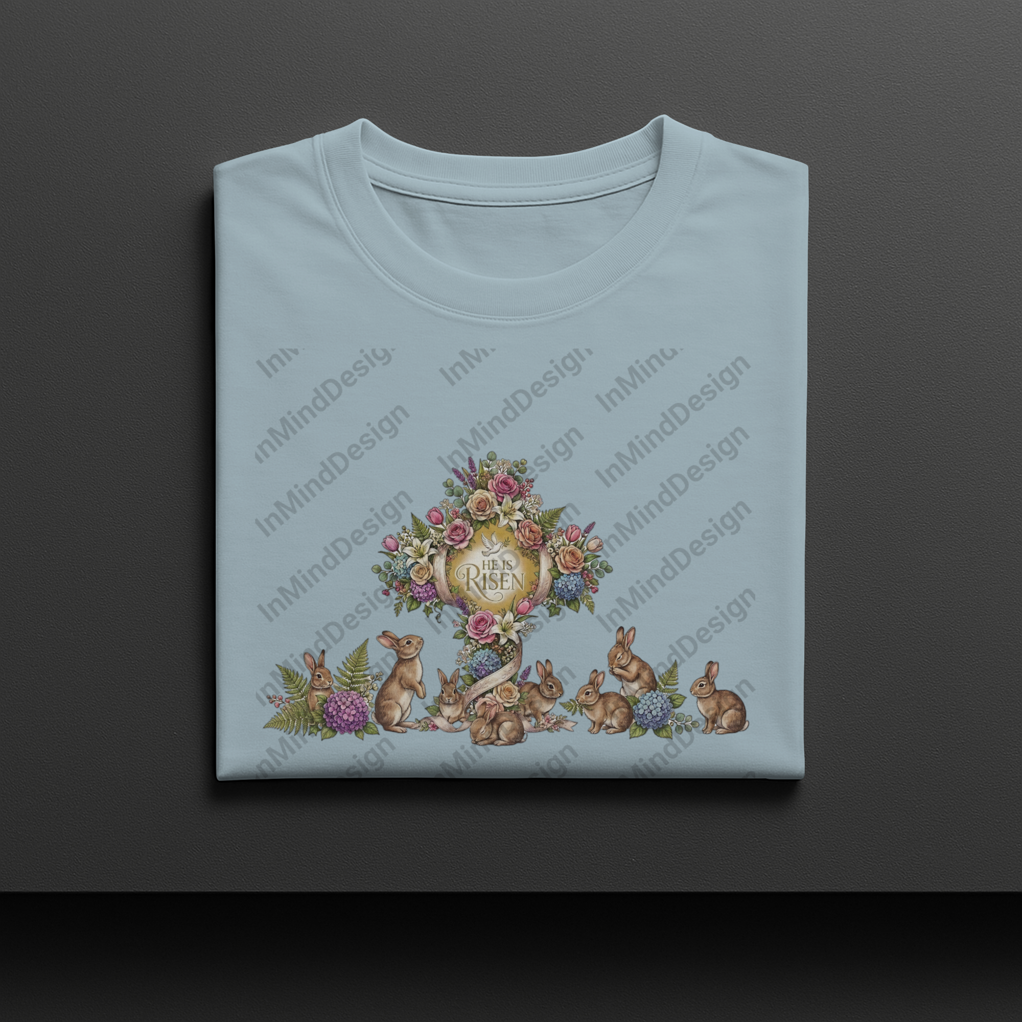 He Is Risen Floral Cross with Bunnies