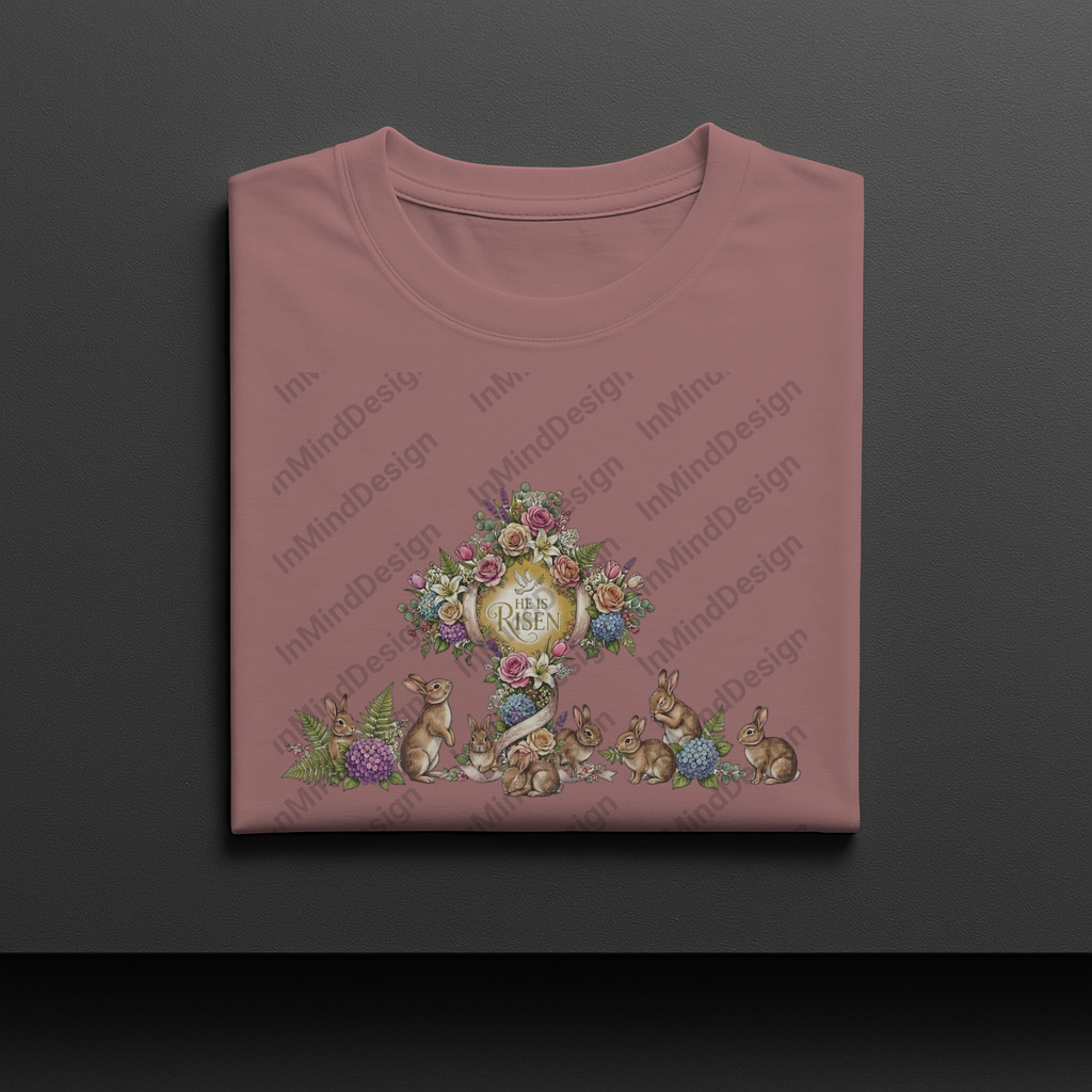 He Is Risen Floral Cross with Bunnies