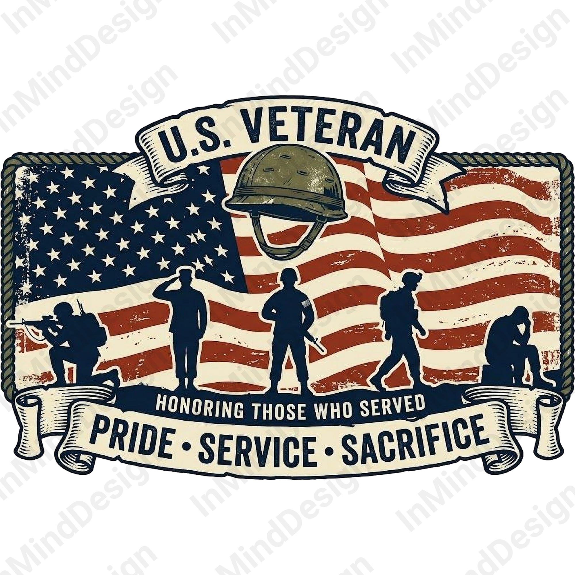 Pride Service Sacrifice Retro American Flag PNG